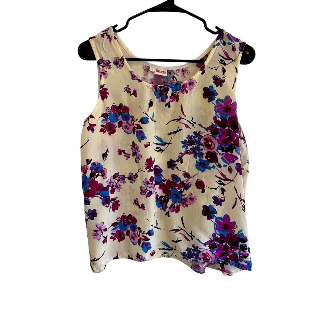 Tianello Womens Large Sleeveless Floral Cream Purple Blue Tank Top
